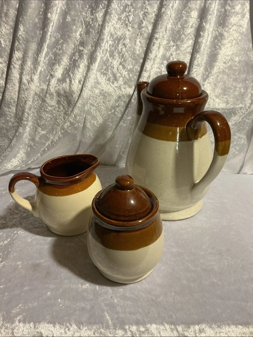 Brown and Cream Ceramic Coffee Set – Pitcher, Sugar Jar, Creamer